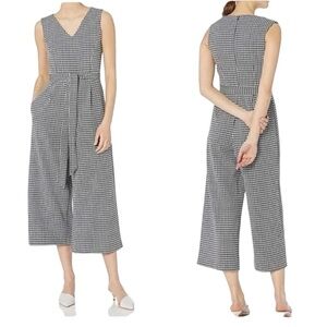 Calvin Klein Houndstooth V Neck Jumpsuit W/Tie Belt Wide Leg Cropped Sz 8